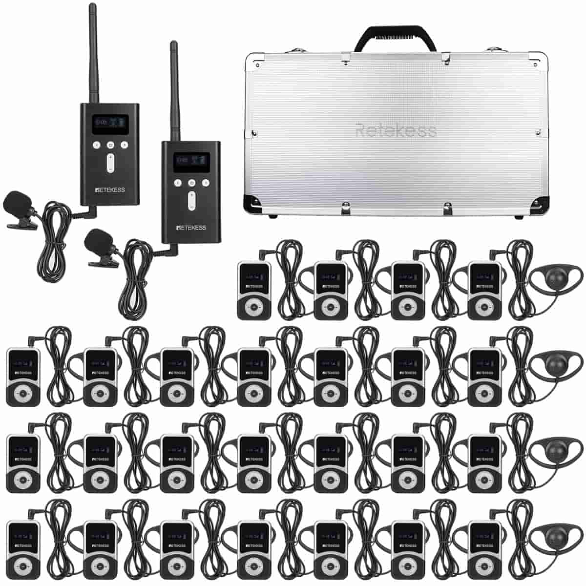 Retekess T130S T131S Sistema de Guía de Audio Inalámbrico para Visitas en Grupo o Asistencia Auditiva en Iglesias（2 Transmisores + 25 Receptores）