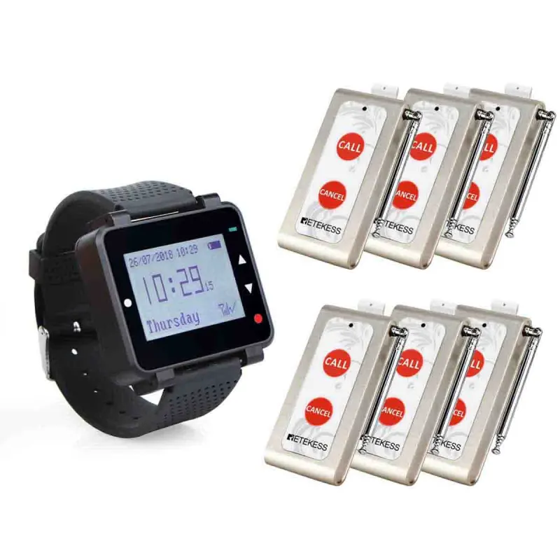 TD005 Botón de llamada multibotón y TD112 reloj de pulsera con pantalla para servicio de llamada de restaurante