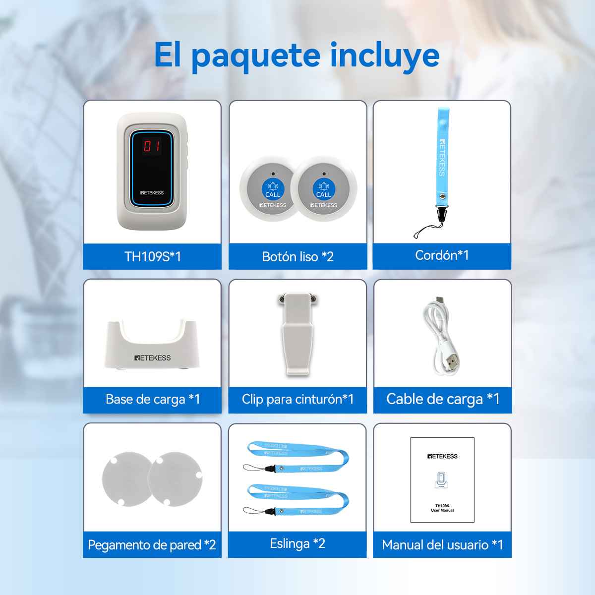 Retekess Buscapersonas Portátil para Cuidadores TH109S con Botón de llamada TH009 para Pacientes de Edad Avanzada Hogar de Personas Mayores