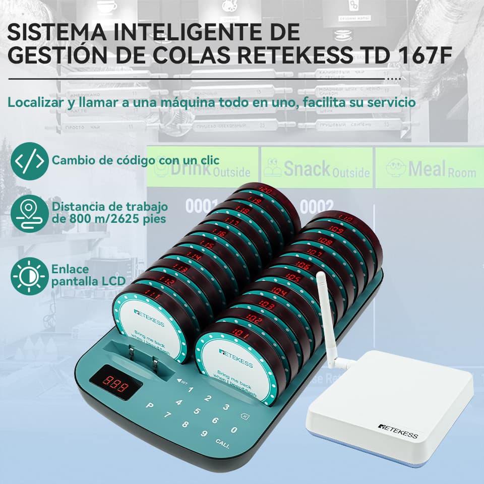 Retekess TD167F TD167S Sistema de gestión de colas de largo alcance y 2625 pies, paginación y llamada todo en uno