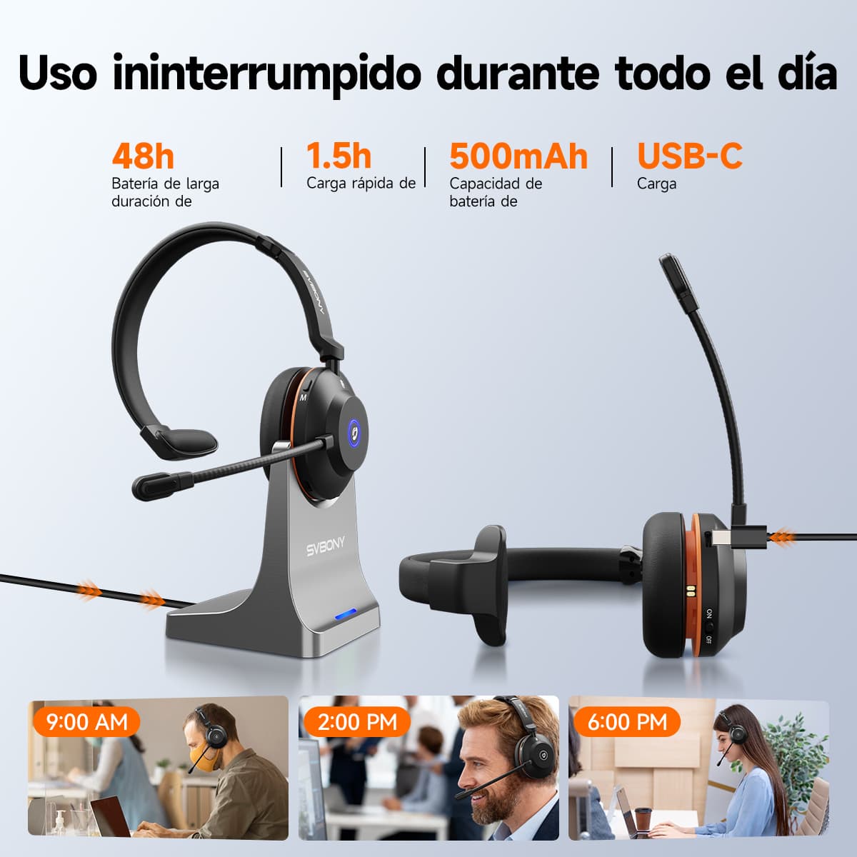 Audífonos inalámbricos SVN H1 con cancelación de ruido, micrófono y adaptador USB, ideales para reuniones en línea