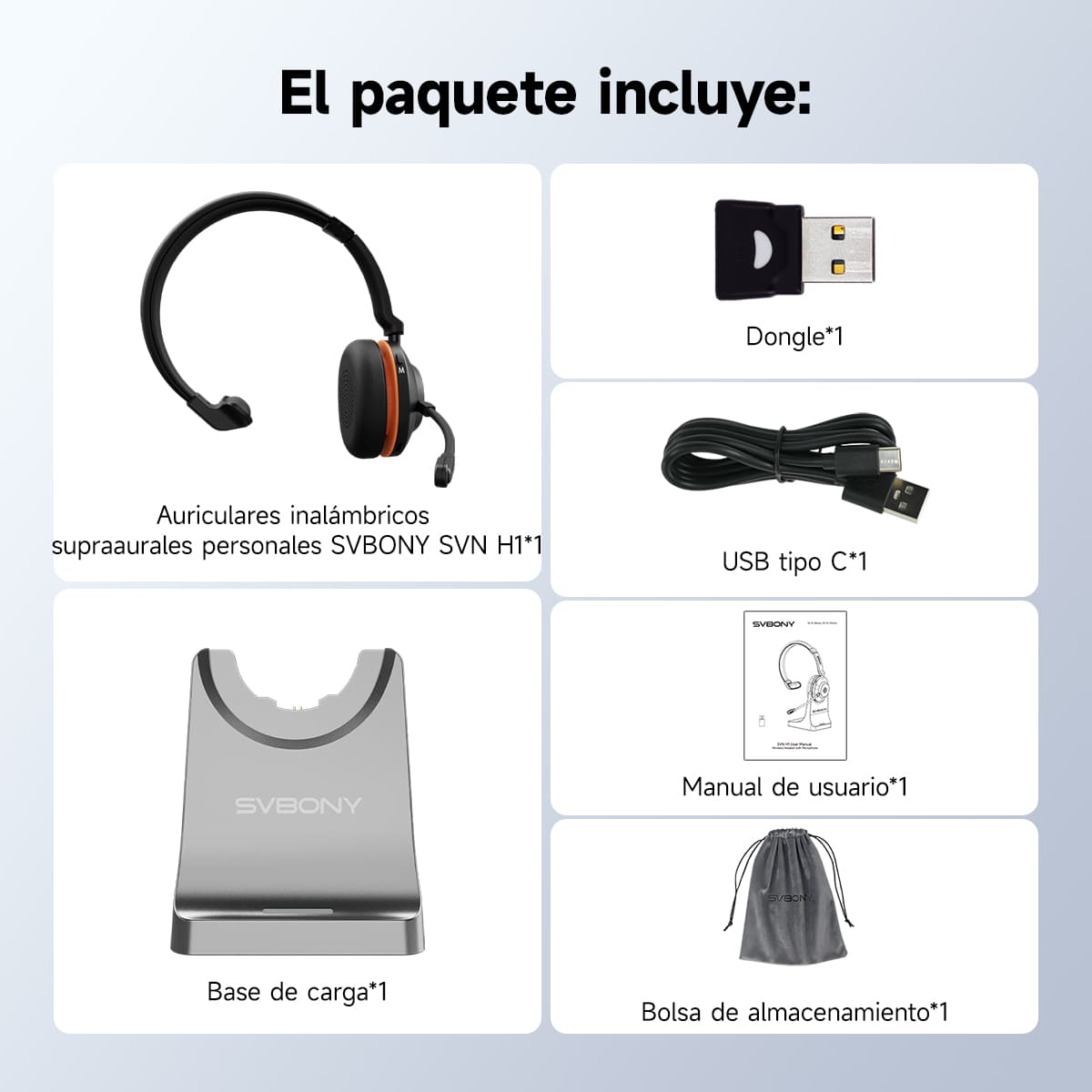 Audífonos inalámbricos SVN H1 con cancelación de ruido, micrófono y adaptador USB, ideales para reuniones en línea