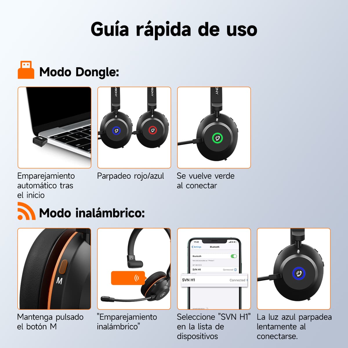 Audífonos inalámbricos SVN H1 con cancelación de ruido, micrófono y adaptador USB, ideales para reuniones en línea