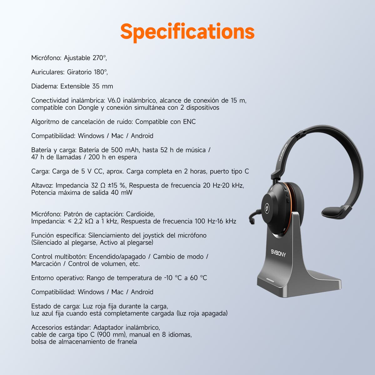 Audífonos inalámbricos SVN H1 con cancelación de ruido, micrófono y adaptador USB, ideales para reuniones en línea