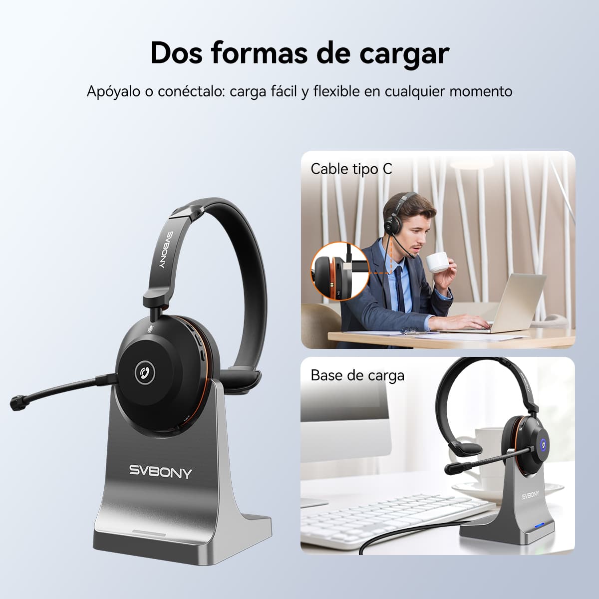 Audífonos inalámbricos SVN H1 con cancelación de ruido, micrófono y adaptador USB, ideales para reuniones en línea