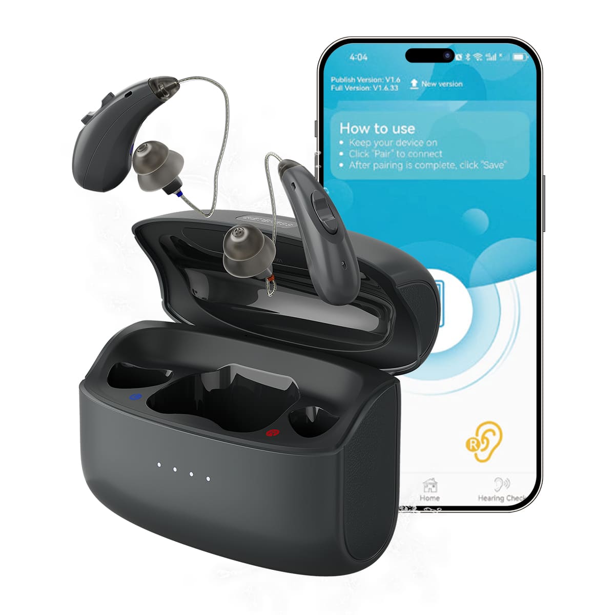 TE105 Audífono CIC Impermeable IP68 con Bluetooth y Compatibilidad con App para Pérdida Auditiva Moderada a Severa