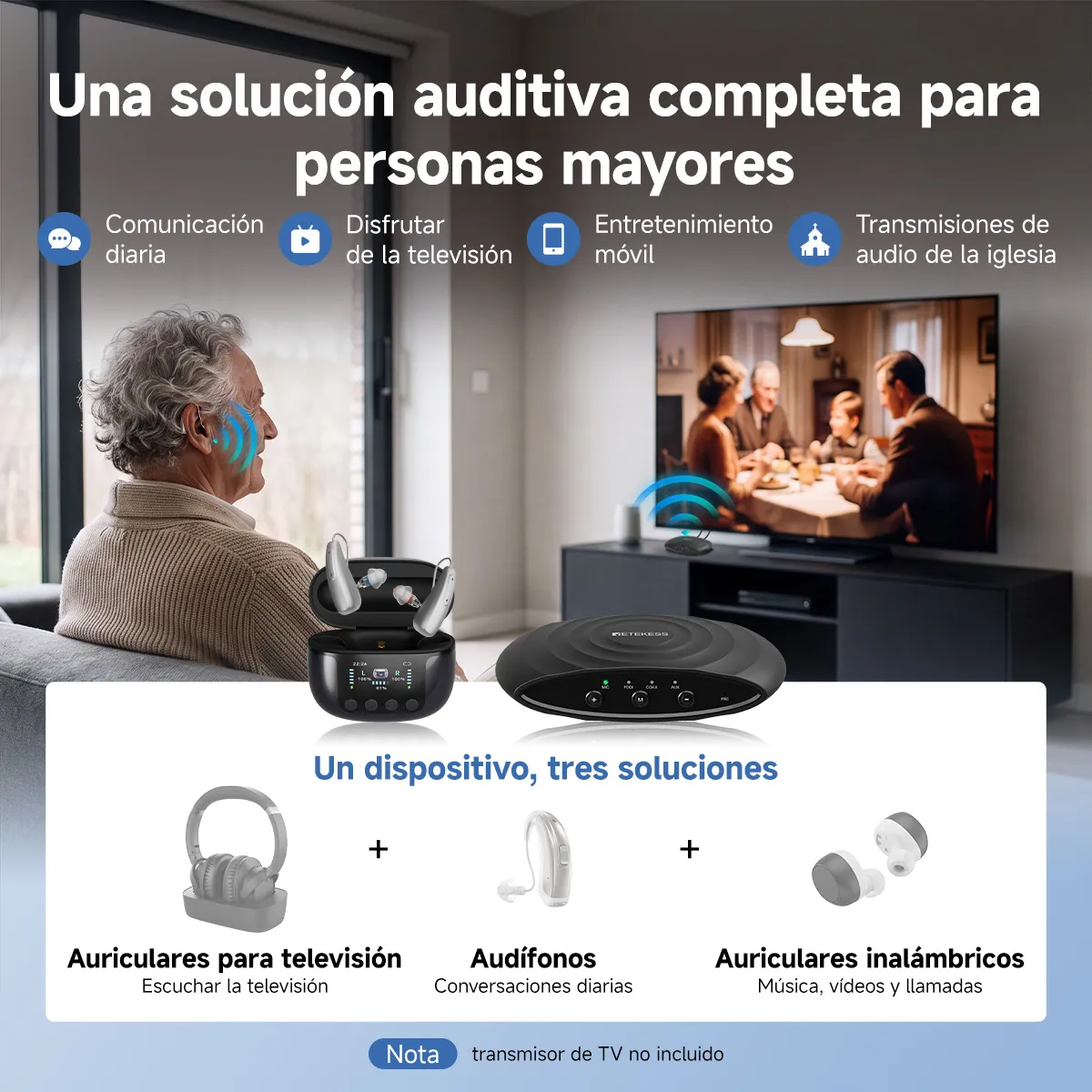 TE102 Audífono RIC con Bluetooth, Estuche de Carga con Desinfección UV-C y Transmisor para TV