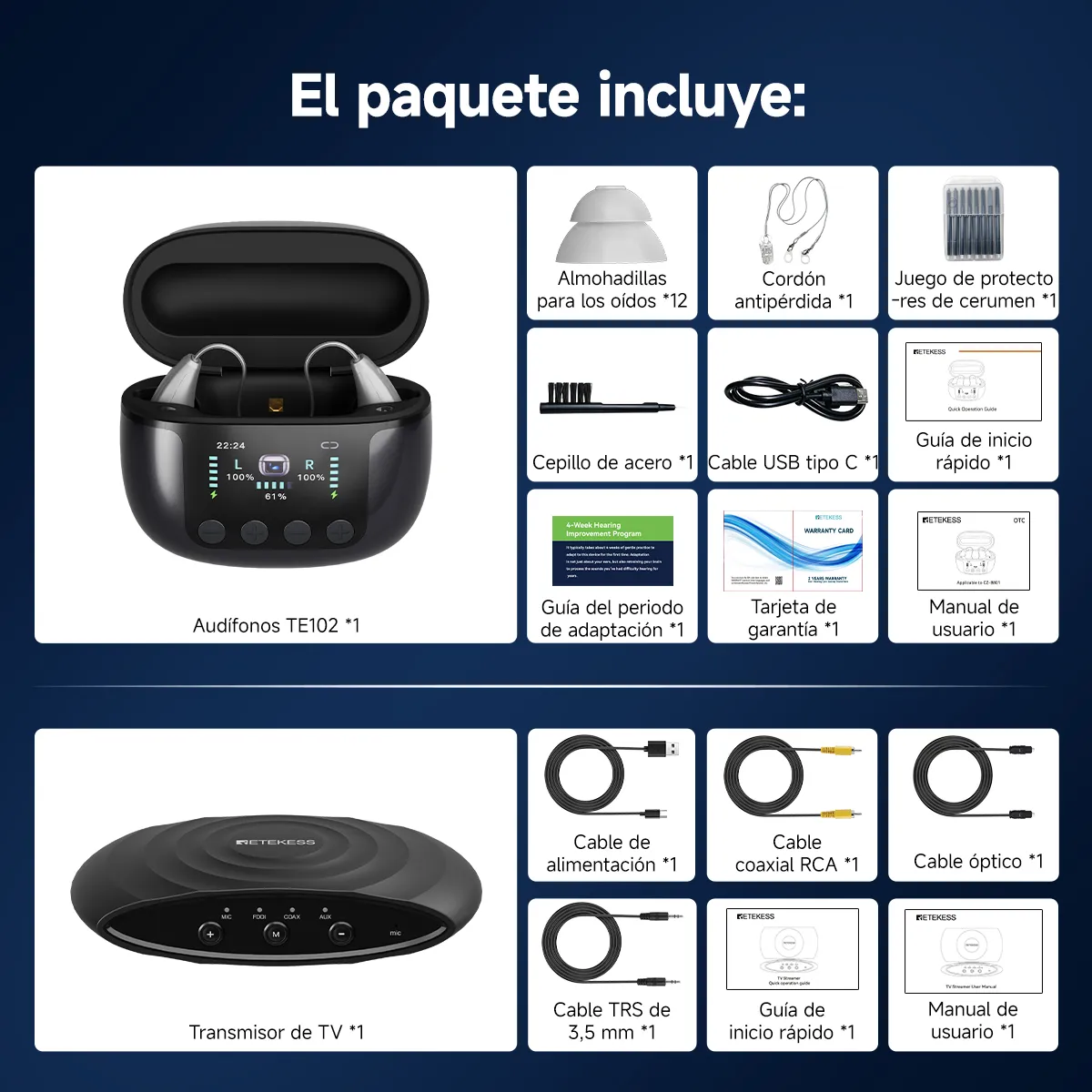 TE102 Audífono RIC con Bluetooth, Estuche de Carga con Desinfección UV-C y Transmisor para TV