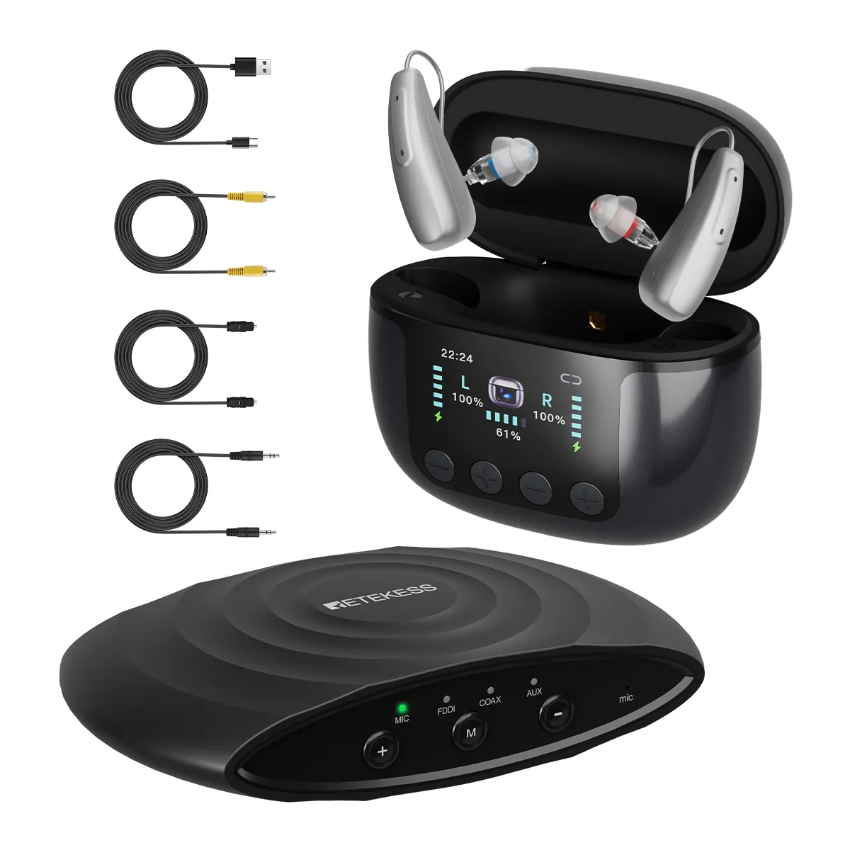 TE102 Audífono RIC con Bluetooth, Estuche de Carga con Desinfección UV-C y Transmisor para TV